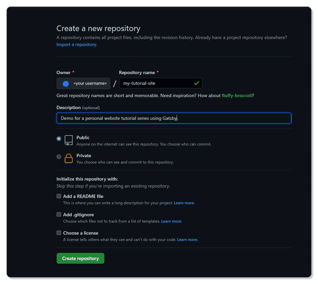 Screenshot of GitHub's new repo form