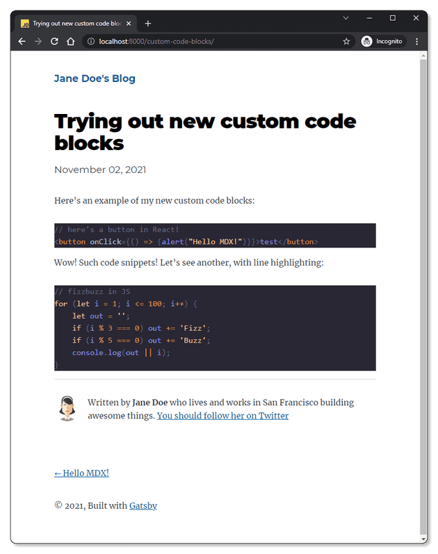 A screenshot of the demo blog post where code blocks are now displayed using syntax highlighting.