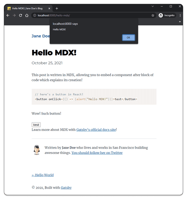 Screenshot of the new blog post demonstrating successful MDX integration, with the alert box showing up after pressing the button component.