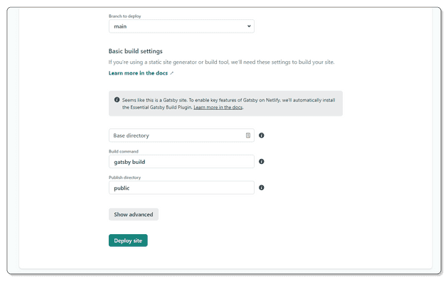 Screenshot of Netlify's build settings for a new website