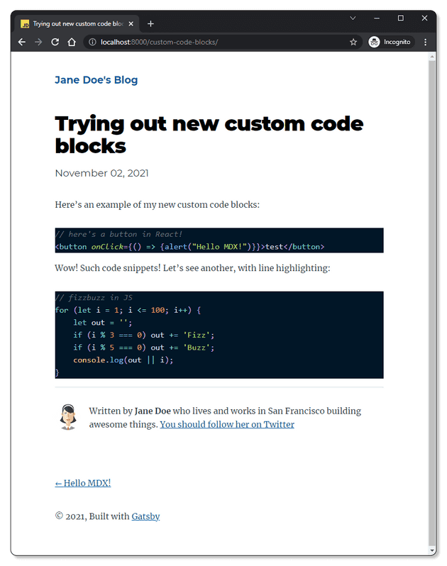 A screenshot of the demo blog post where code blocks are now displayed using the Night Owl theme.