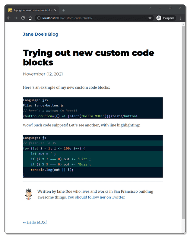 A screenshot of the test blog post showing that the intended lines are highlighted in the code block.