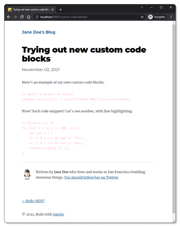 A screenshot of the demo blog post where code blocks are now displayed using pink text.