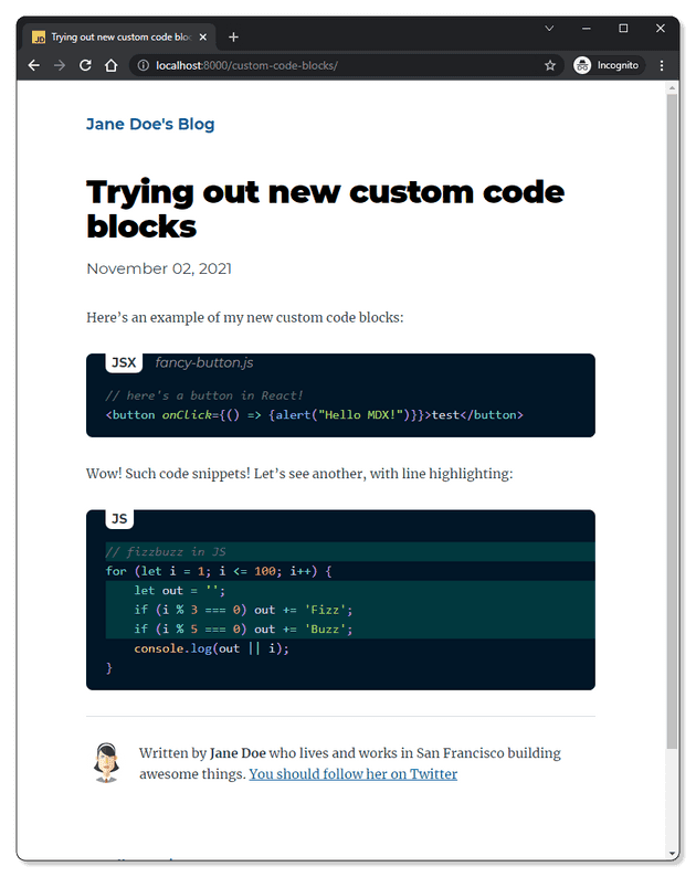 A screenshot showing the code blocks with the new styling.