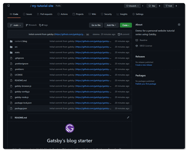 Screenshot of the project dashboard on GitHub after making a successful first push, showing all project files