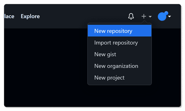 Screenshot of GitHub's user dashboard and the dropdown menu containing the "New repository" button