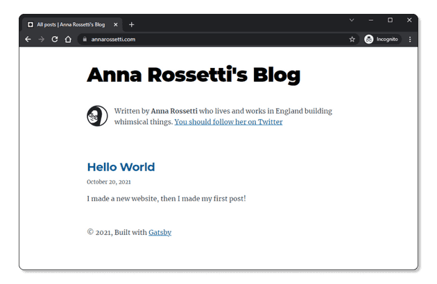 A screenshot of the frontpage of my new website. It shows a title, basic bio information and a list of blog posts consisting of just one entry titled "Hello, World!"